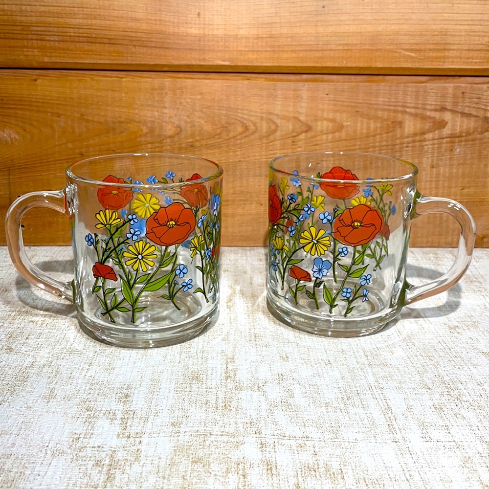 2 Vintage 1970's Poppy Flower Acroroc France by R. Carmen Mugs! Clean And Clear